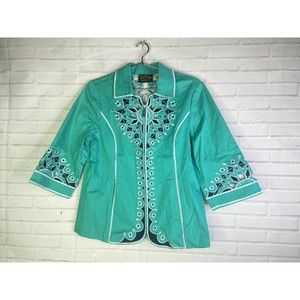 Bob Mackie Wearable Art Embroidered Cut Out Floral Zip Up Jacket Womens Size S